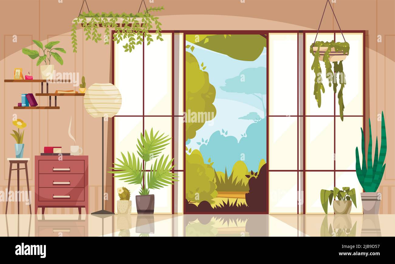 Komfortables modernes Wohnzimmer dekoriert innen sommergrünen Pflanzen in Töpfen und Pflanzgefäßen farbigen Hintergrund flache Vektor-Illustration Stock Vektor