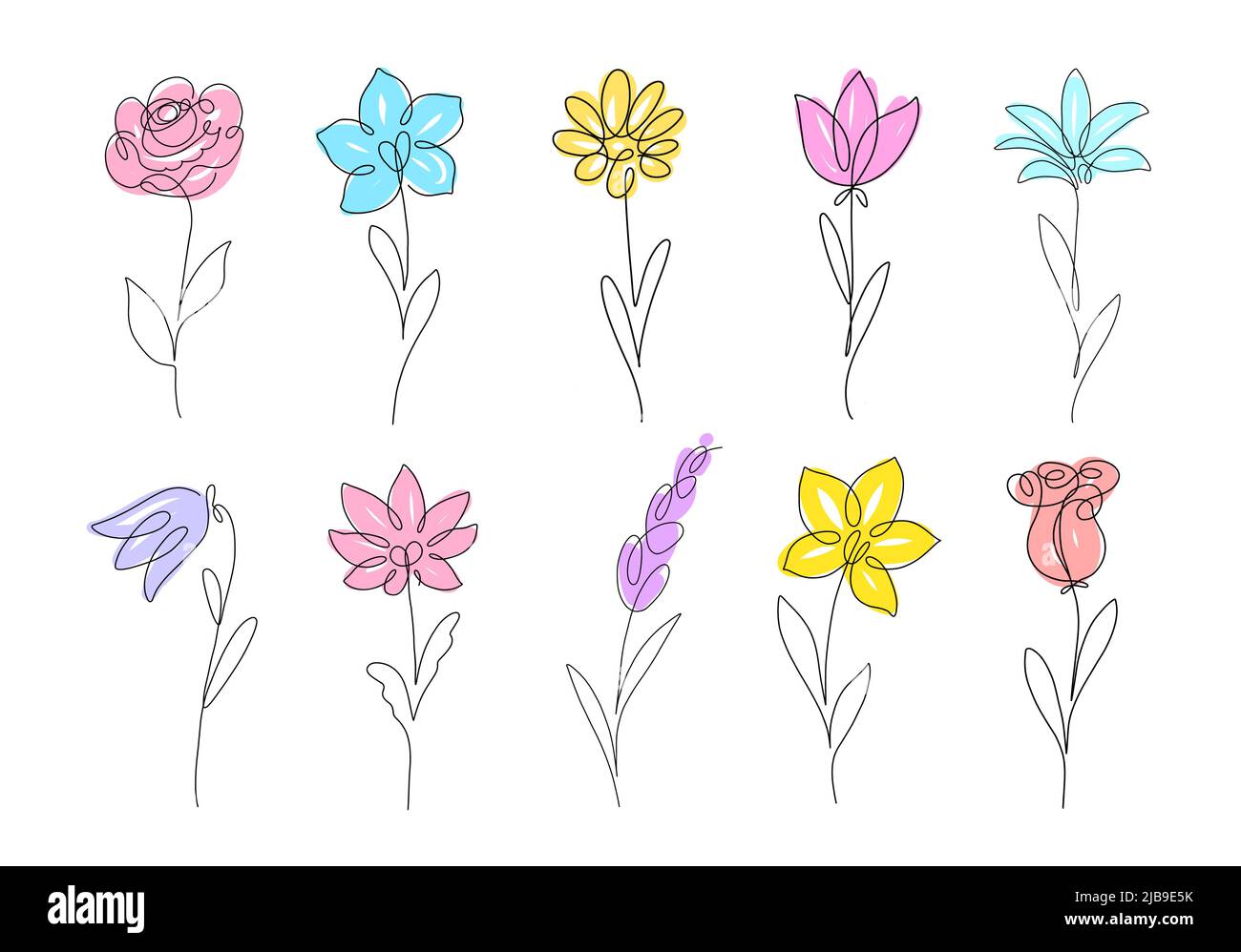 Blume Satz kontinuierliche Linie Zeichnung. Pflanzen eine Linie Abbildung. Minimalistisch druckt Vektorgrafik Stock Vektor