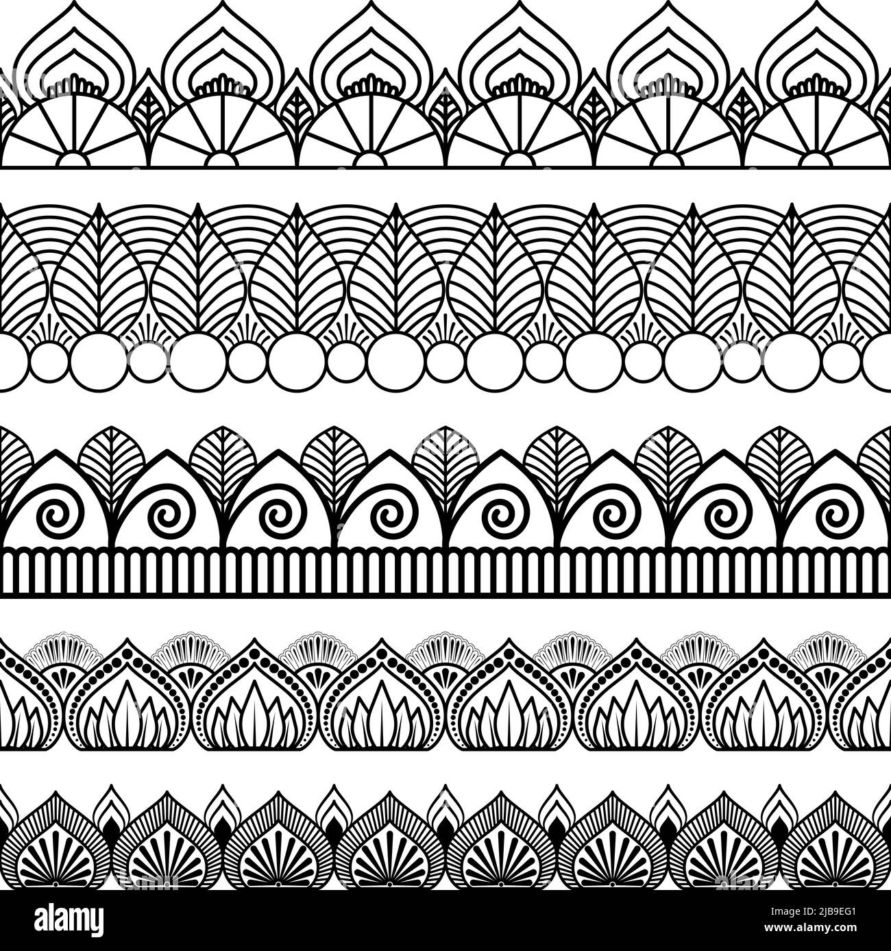Set von nahtlosen Rand Ornament für Design, Henna Zeichnung und Tattoo. Dekoratives Muster im ethnisch-orientalischen Stil. Stock Vektor