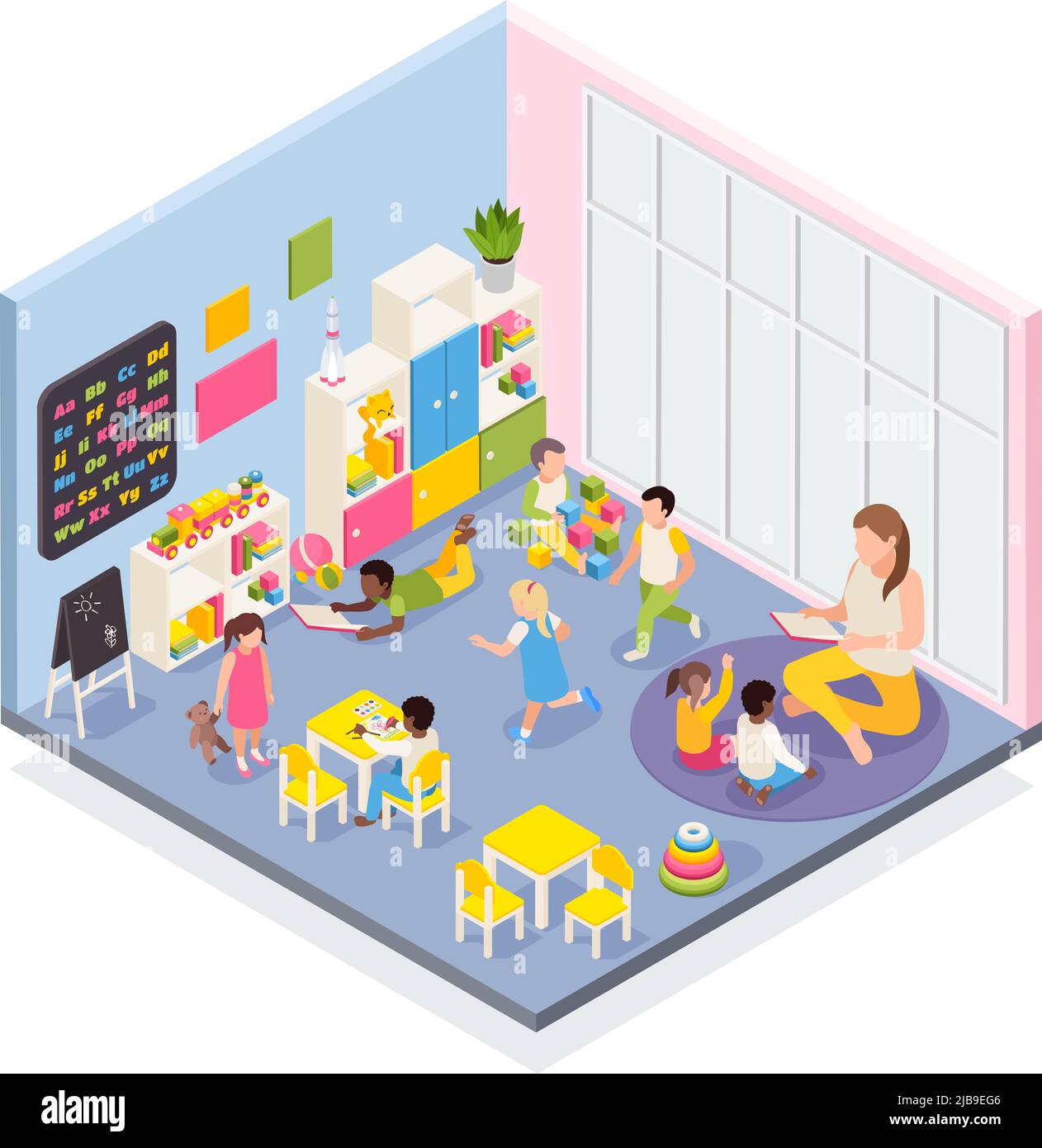 Kindergarten isometrische Komposition mit Innenansicht des Raumes mit spielenden Kindern und Erzieherin menschlichen Charakteren Vektor-Illustration Stock Vektor