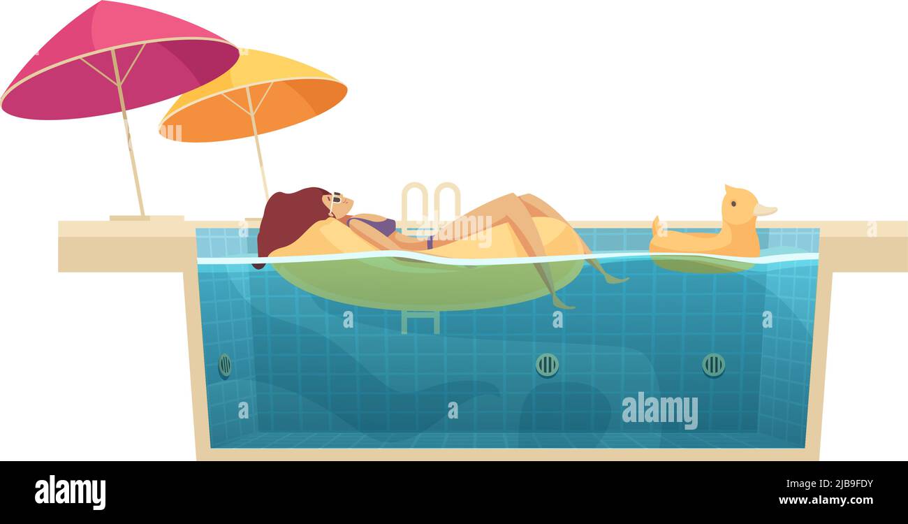 Aqua Park weibliche Besucher genießen Pool schwimmenden Comic-Komposition mit Regenschirmen und Gummi Ente Vektor-Illustration Stock Vektor