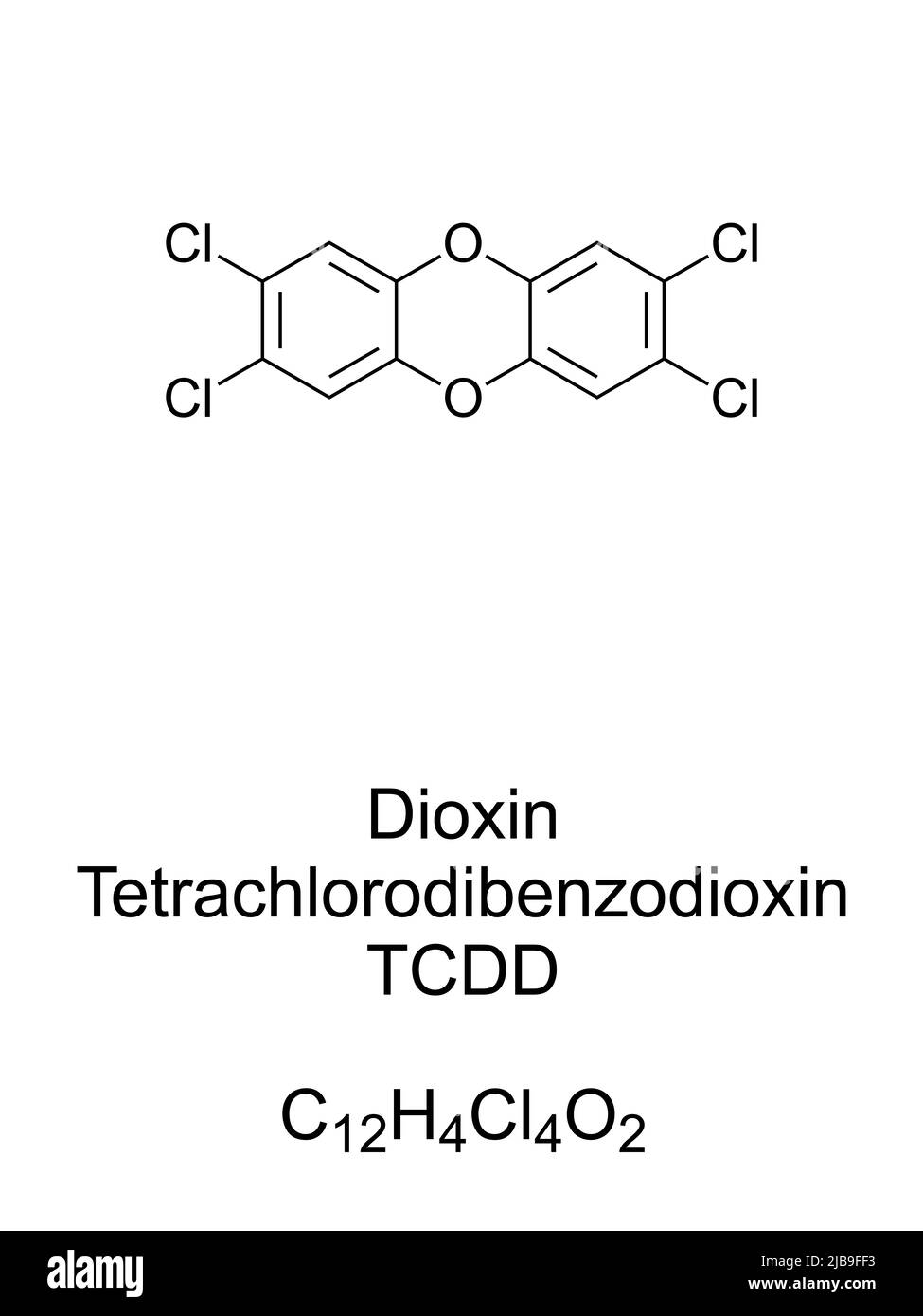 Dioxin, TCDD, Tetrachlordibenzodioxin, chemische Formel und Struktur. Organischer Schadstoff. Bekannt als Kontaminant in Herbizid Agent Orange. Stockfoto