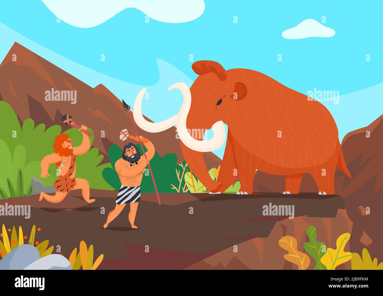 Zwei primitive Männer Jagd Mammut mit Steinwaffen Cartoon-Vektor-Illustration Stock Vektor