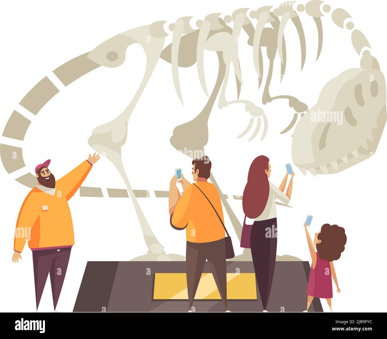 Guide Exkursion Komposition mit Gruppe von Touristen rund Podium mit Skelett von Dinosaurier Vektor-Illustration Stock Vektor