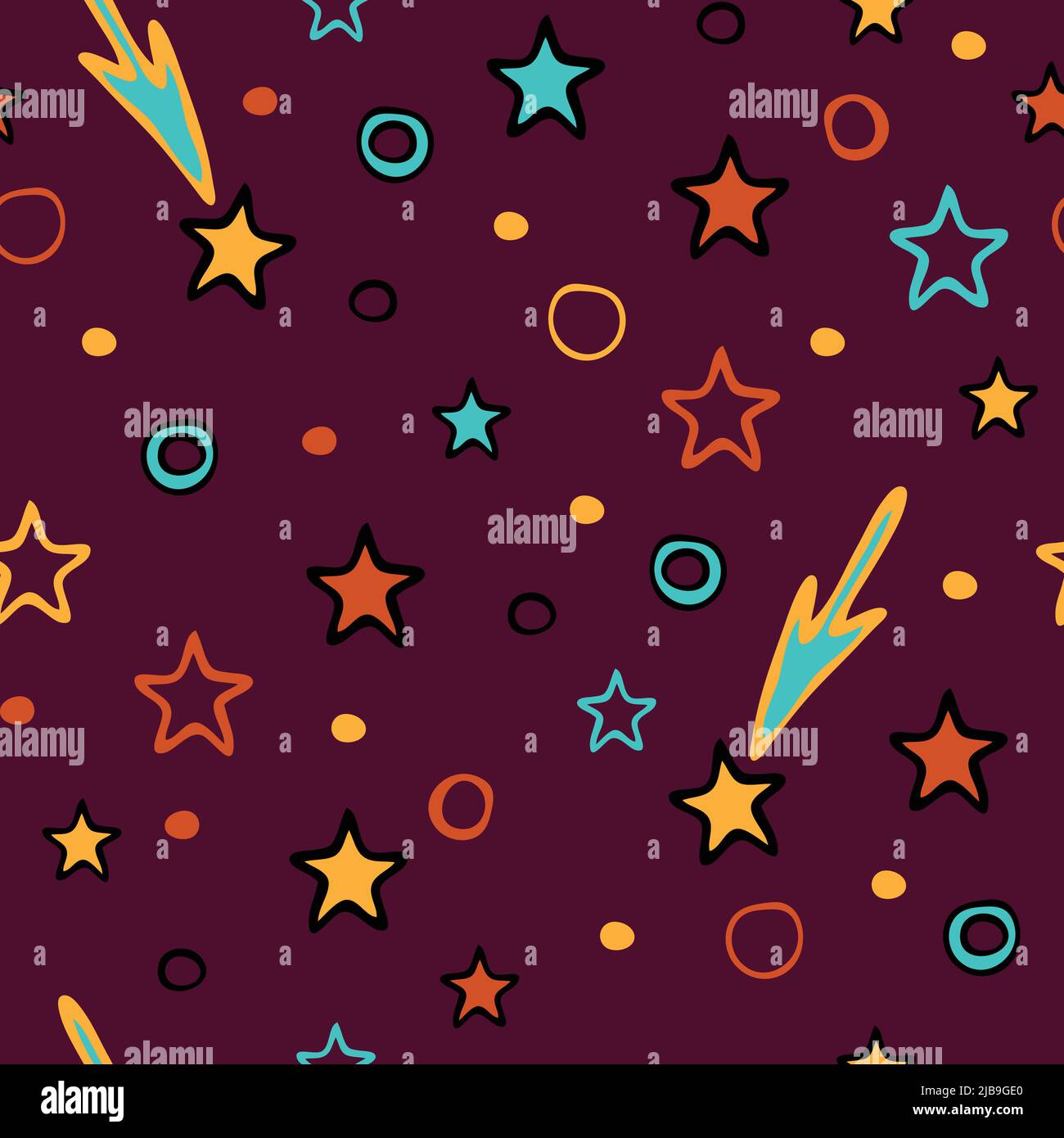 Nahtloses Vektor-Muster mit einfachen Sternen auf violettem Hintergrund. Happy Sky Tapetendesign für Kinder. Dekorative Shooting Star Fashion Textil. Stock Vektor