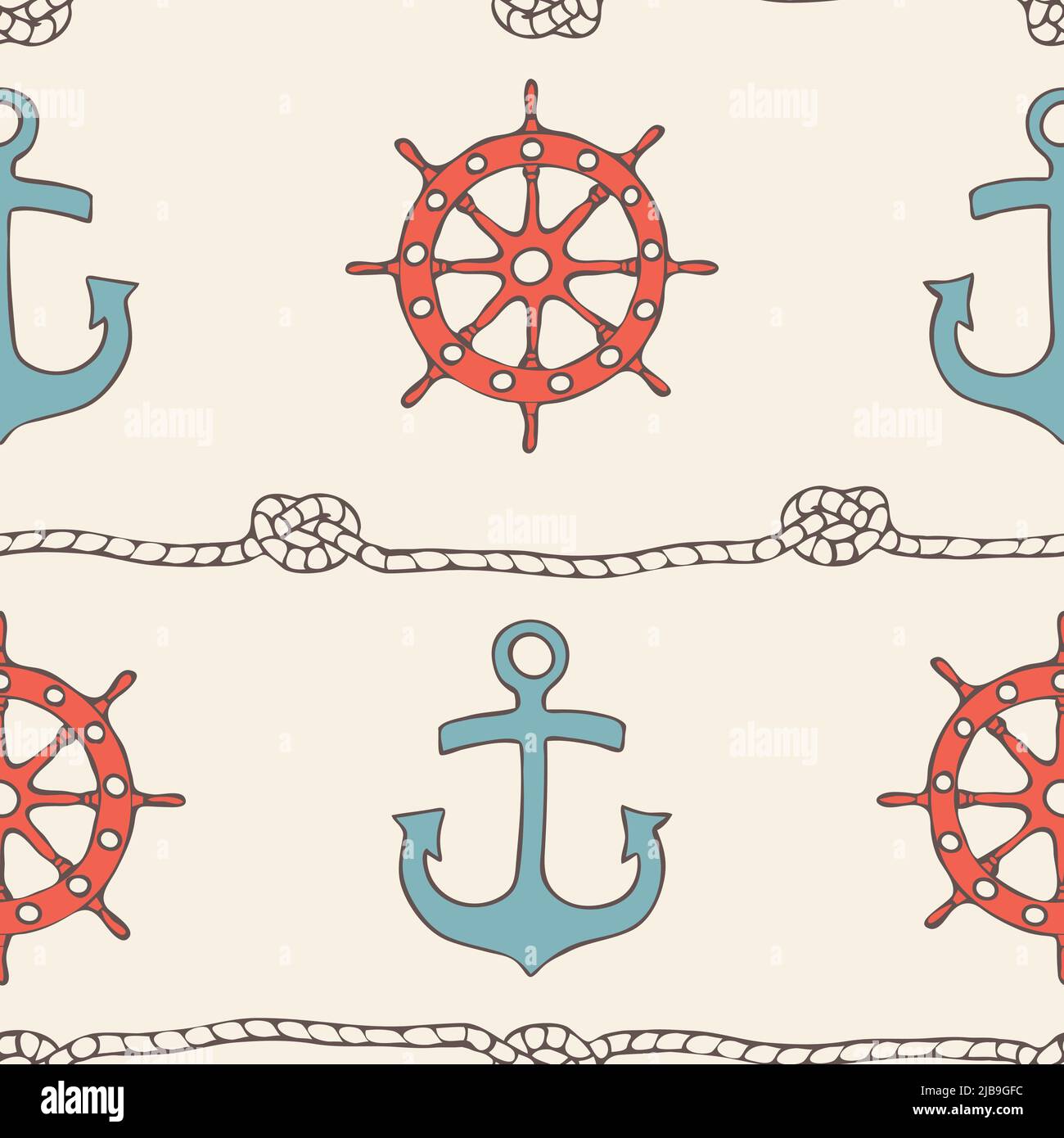Nahtloses Vektormuster mit Anker und Schiffsrad auf hellgelbem Hintergrund. Einfaches nautisches Tapetendesign. Dekorative marine Mode Textil. Stock Vektor