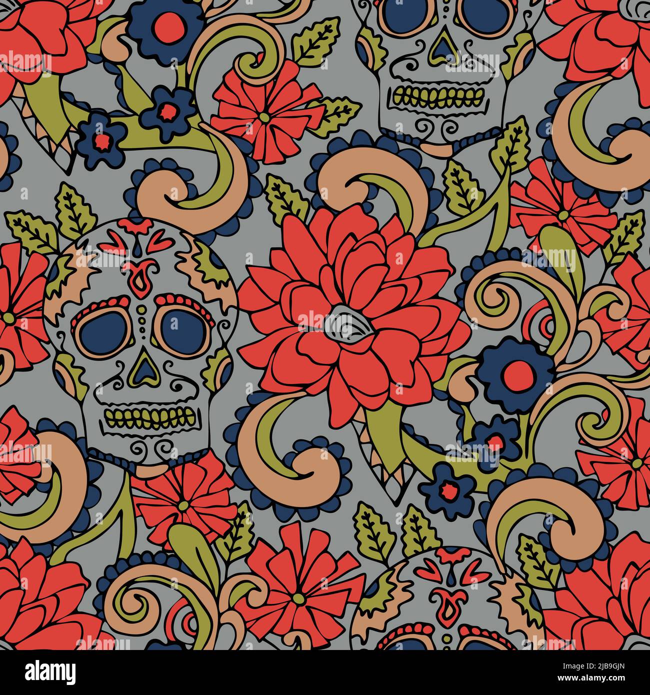 Nahtloses Vektor-Muster mit Blumenschädel auf grauem Hintergrund. Geschäftiges Mexiko Blume Tapete Design. Dekorative Gothic Fashion Textil. Stock Vektor