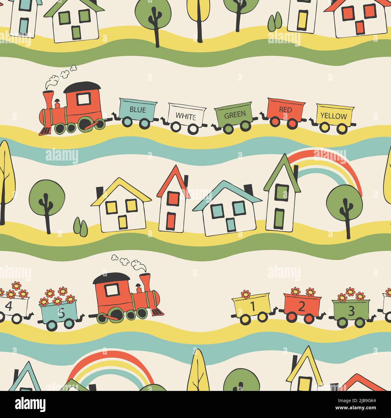 Nahtloses Vektor-Muster mit Zug auf pastellweißem Hintergrund. Einfache Kinderzimmer Spiel Wallpaper Design. Dekorative Spielzeug Mode Textil. Stock Vektor