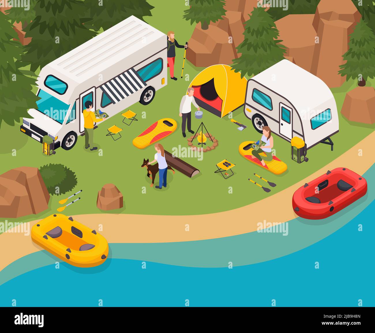 Wandern Touristen Camping Urlaub isometrische Zusammensetzung mit Camper Zelt Lagerfeuer Kochen Campingplatz in der Nähe von Flussbooten Vektor-Illustration Stock Vektor