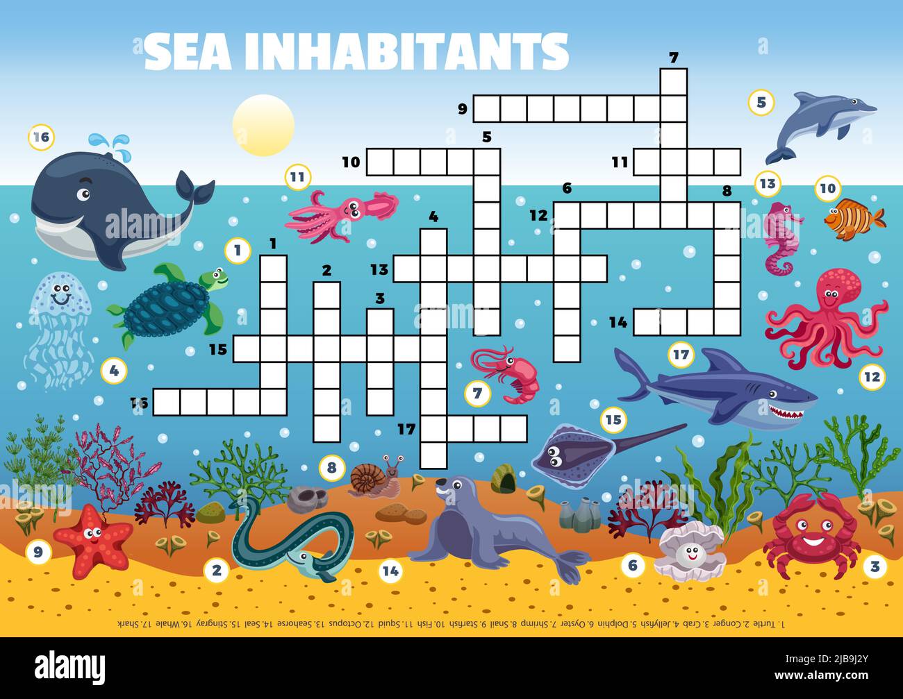 Seebewohner lustige Kreuzworträtsel-Komposition mit Profilansicht des Meeresbodens mit Fischen und Seegras-Vektor-Illustration Stock Vektor