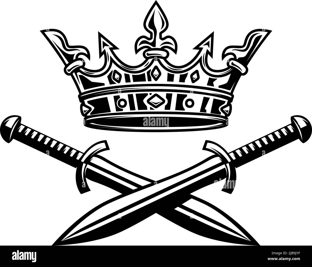 Illustration von Königskrone und gekreuzten Schwertern im monochromen Stil. Gestaltungselement für Logo, Emblem, Schild, Poster, T-Shirt. Vektorgrafik Stock Vektor