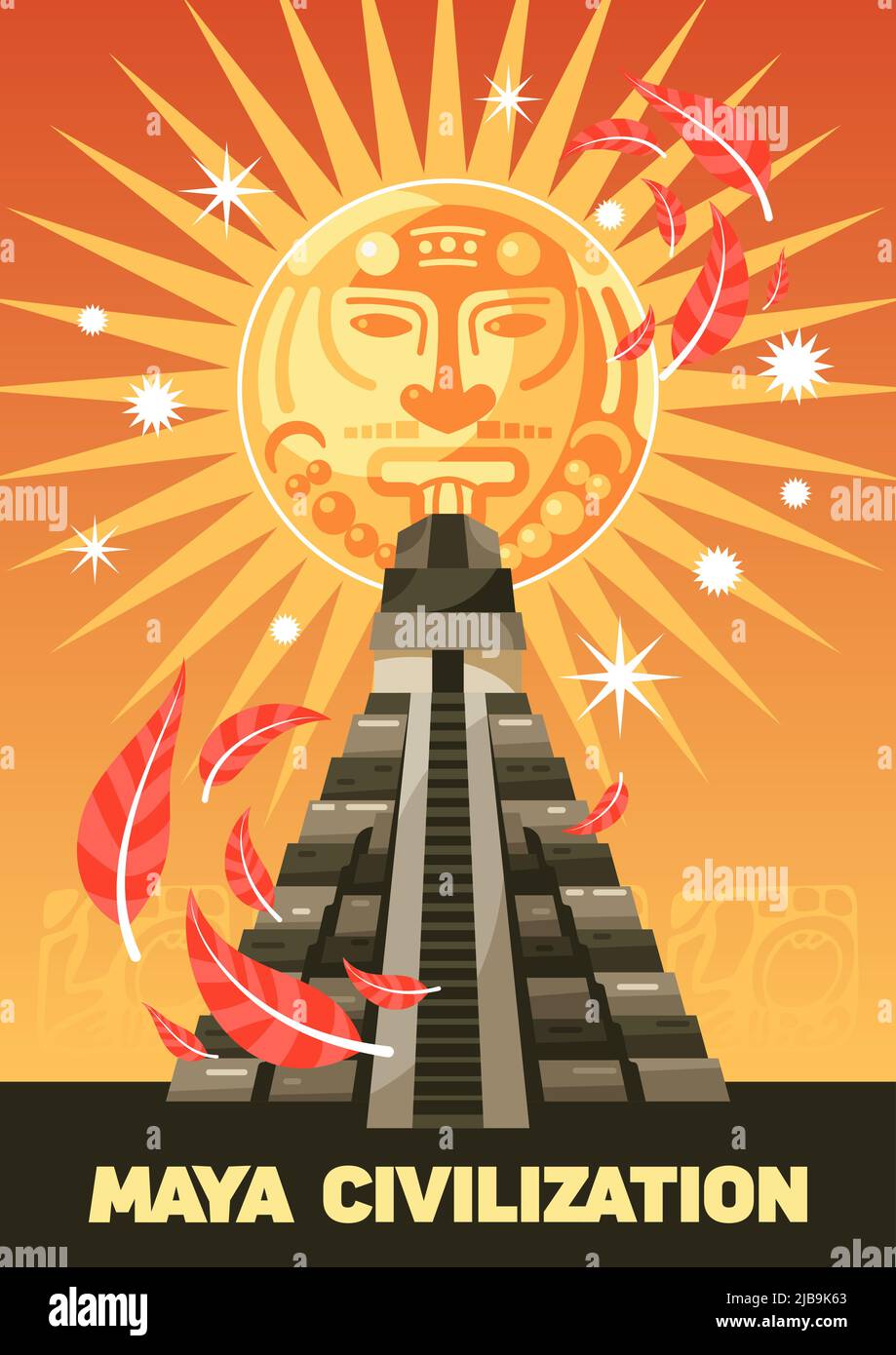 Maya Zivilisation vertikale Poster mit kukulkan alten Pyramide auf beigem Hintergrund mit stilisierten maya-Sonne Symbol Cartoon-Vektor-Illustration Stock Vektor