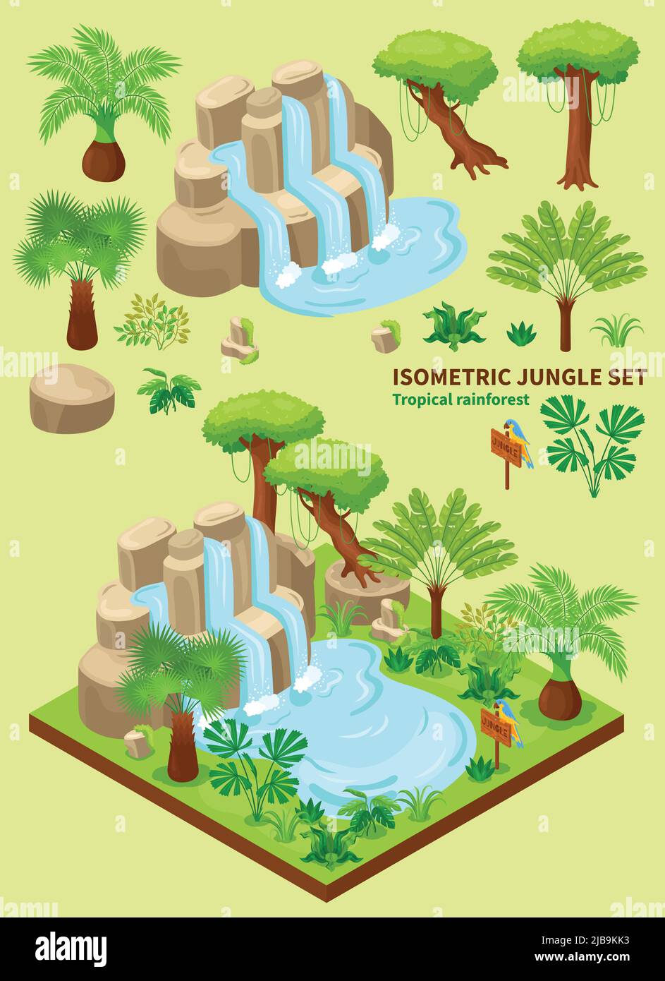 Isometrischer Dschungel Set aus quadratischer Oberfläche mit exotischer Landform und isolierten Pflanzen mit Bäumen und Textvektordarstellung Stock Vektor