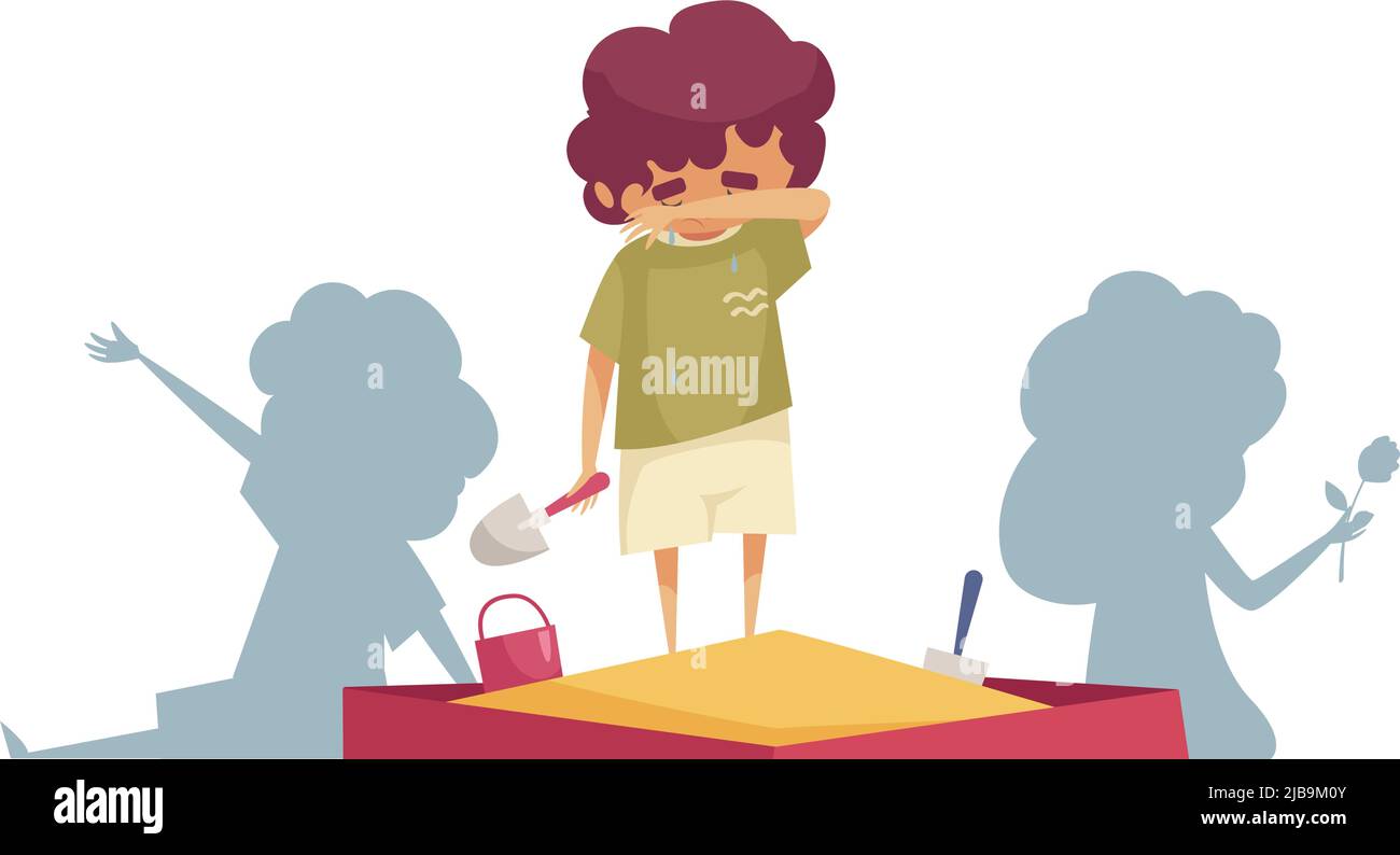 Trauriger Junge weint im Sandkasten auf dem Hintergrund mit Silhouetten von glücklichen Kindern Cartoon-Vektor-Illustration Stock Vektor