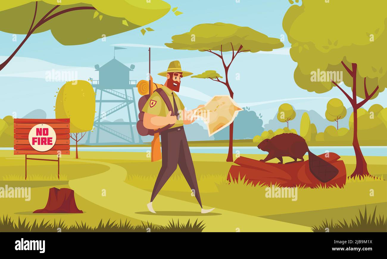 Mann Waldranger zu Fuß in Holz mit Pistole und Karte Cartoon-Vektor-Illustration Stock Vektor
