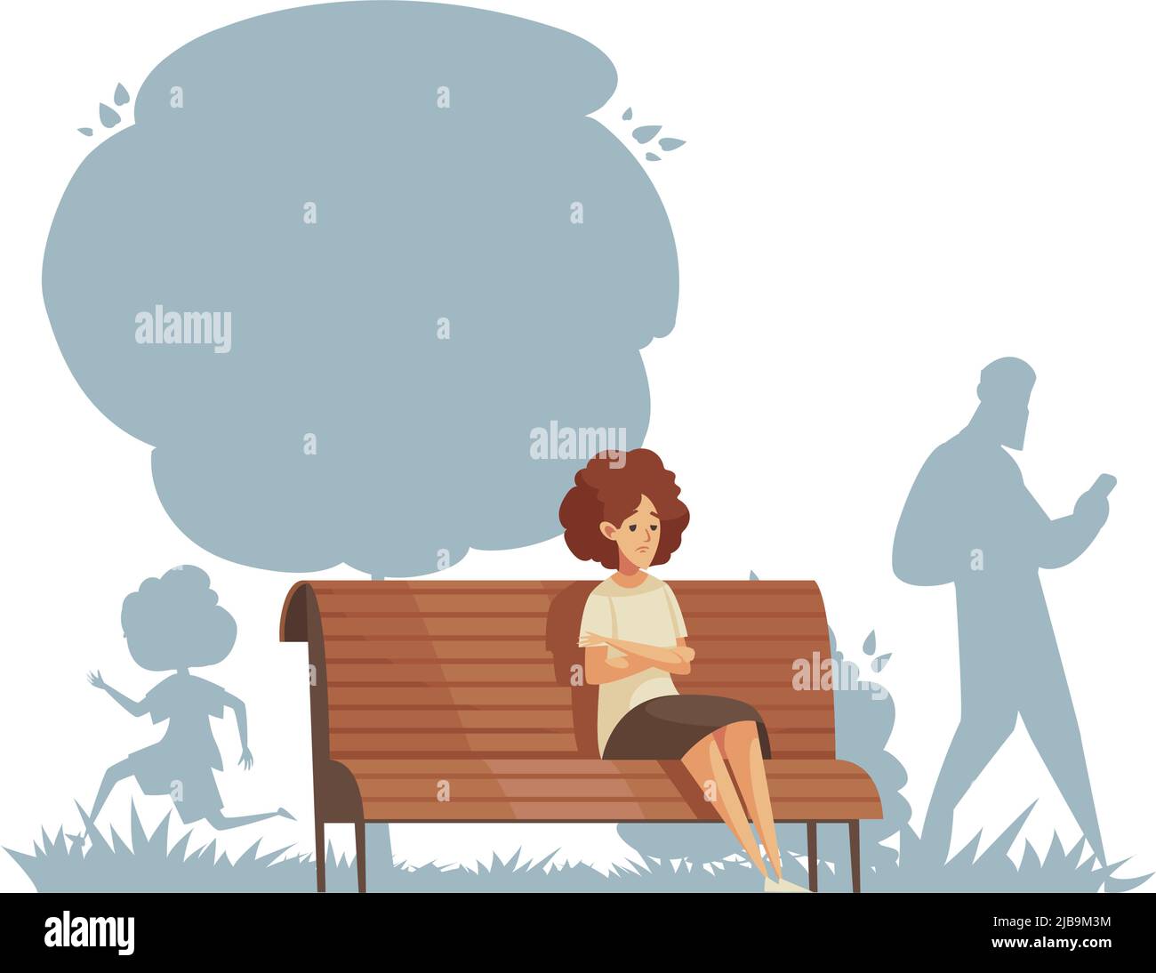 Einsame Komposition mit Charakter des jungen sitzen auf Parkbank allein mit Silhouetten von Menschen Vektor-Illustration Stock Vektor
