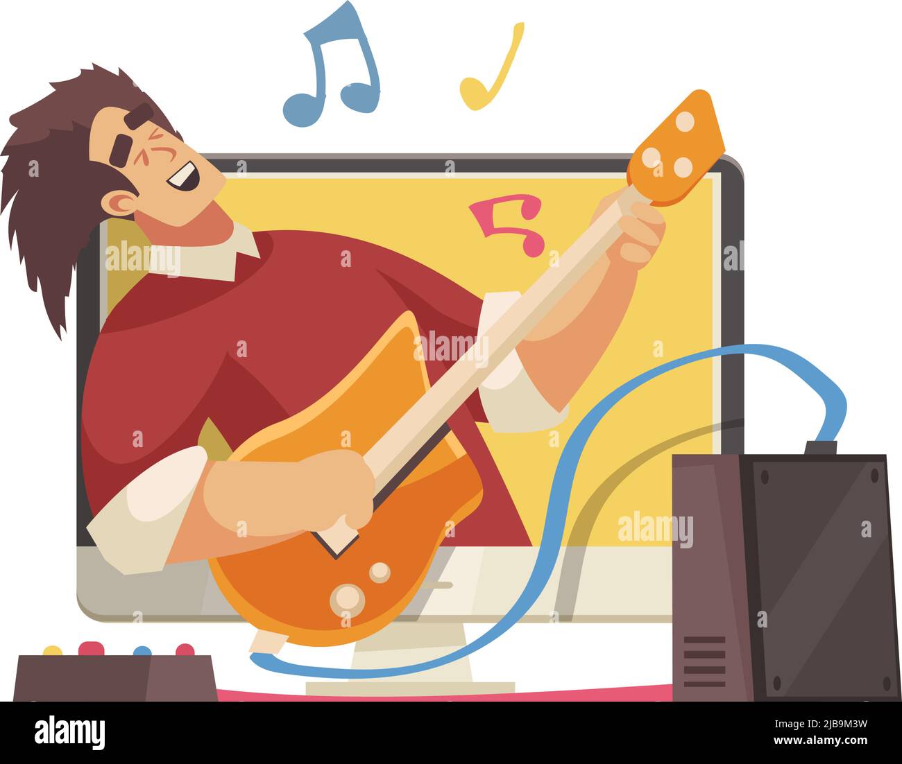 Cartoon-Symbol mit Musik-Blogger spielen Gitarre Live-Vektor-Illustration Stock Vektor