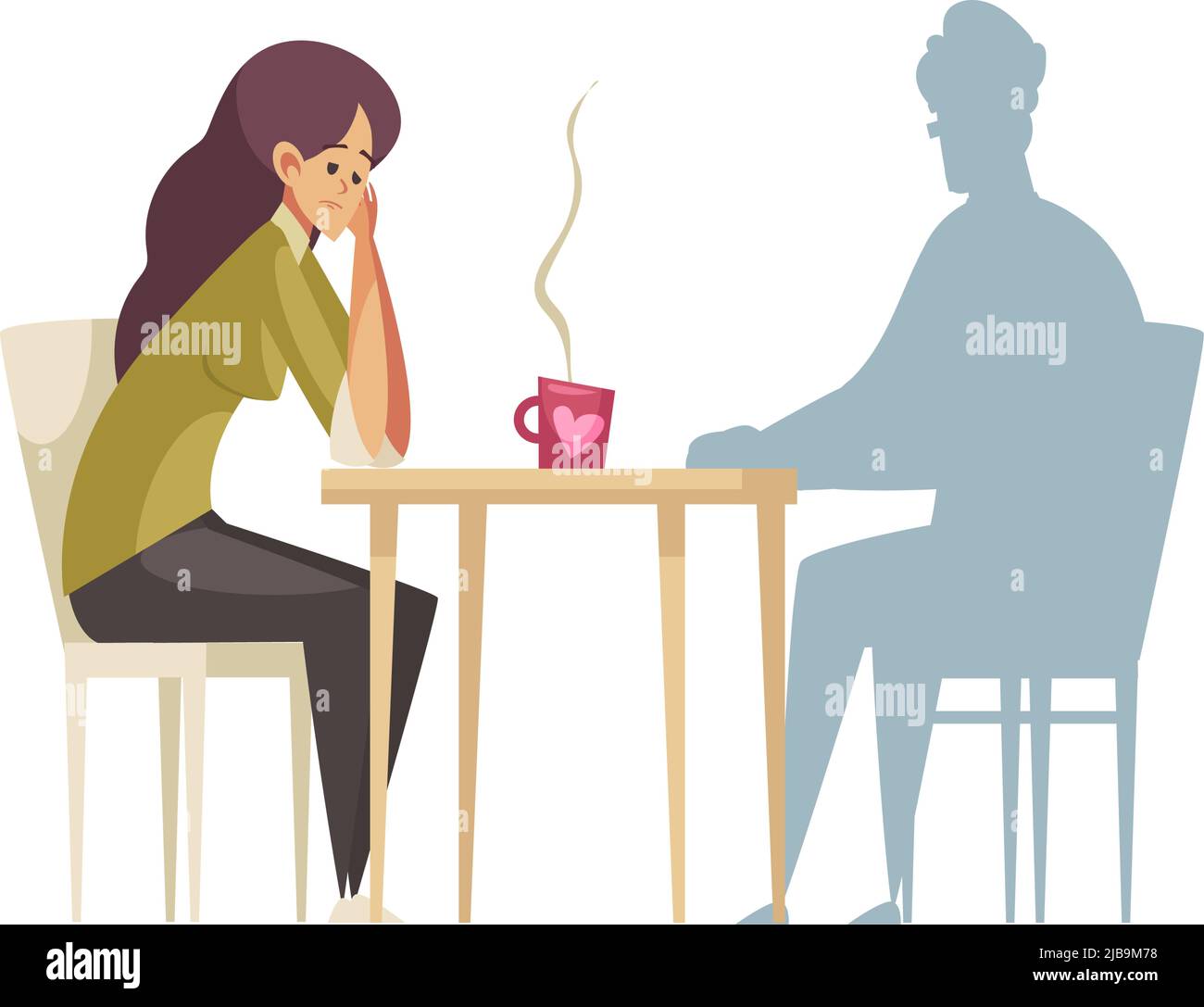 Frustriert einsame Frau sitzt am Tisch vor Mann Silhouette Cartoon-Vektor-Illustration Stock Vektor