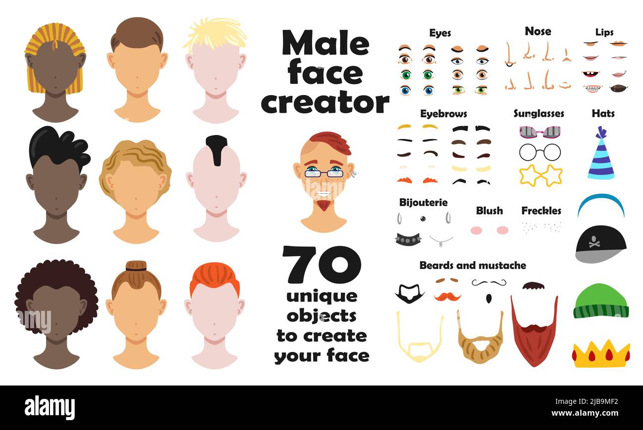 Männliche Gesicht Schöpfer Satz von Porträt-Modelle und siebzig einzigartige Objekte Gesicht flach Vektor Illustration erstellen Stock Vektor