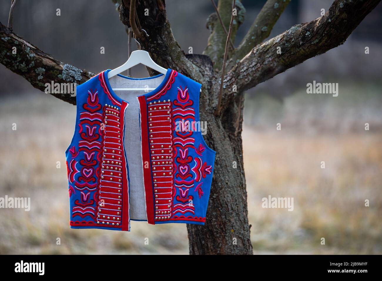 Volkstracht in der Natur. Traditioneller slawischer Anzug bei einer Naturausstellung. Detail der Kleidung, Illustration Foto für eine Folklore-Ausstellung oder Festival. S Stockfoto