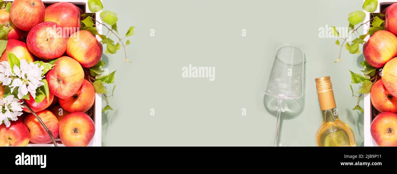 Banner mit Flasche Apfelwein mit Glas und hofeigenen Äpfeln Stockfoto