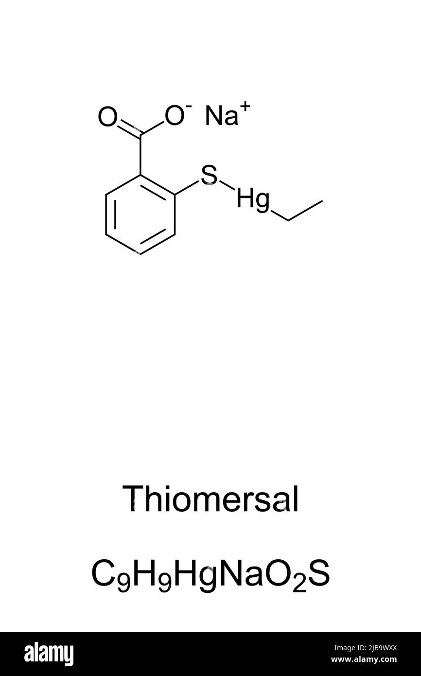Thiomersal oder Thimerosal, chemische Formel und Struktur. Sehr giftige organische Quecksilberverbindung. Konservierungsmittel in einigen Impfstoffen, um Kontamination zu verhindern. Stockfoto