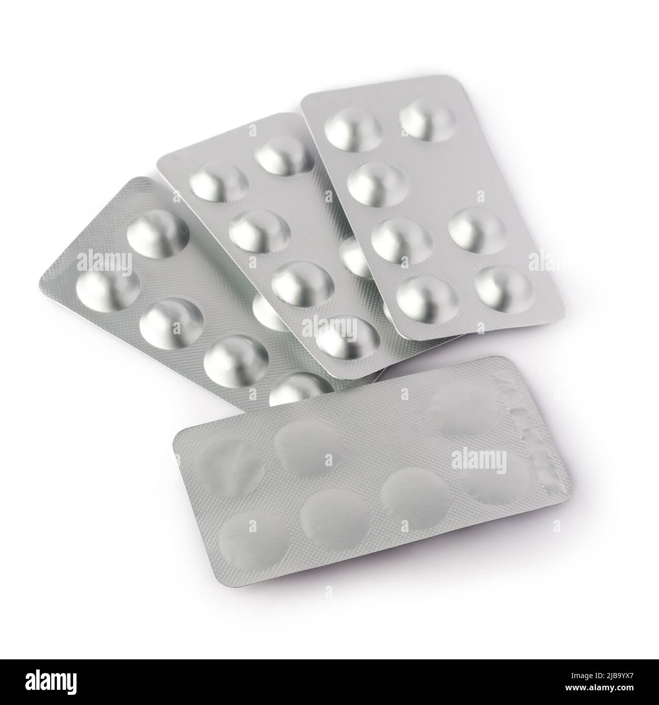 Blisterpackungen in blanker silberner Farbe, Allergien gegen Medikamente, Antibiotika, Schmerzmittel, Verpackungen für Tabletten, Mockup-Vorlage auf Weiß isoliert Stockfoto
