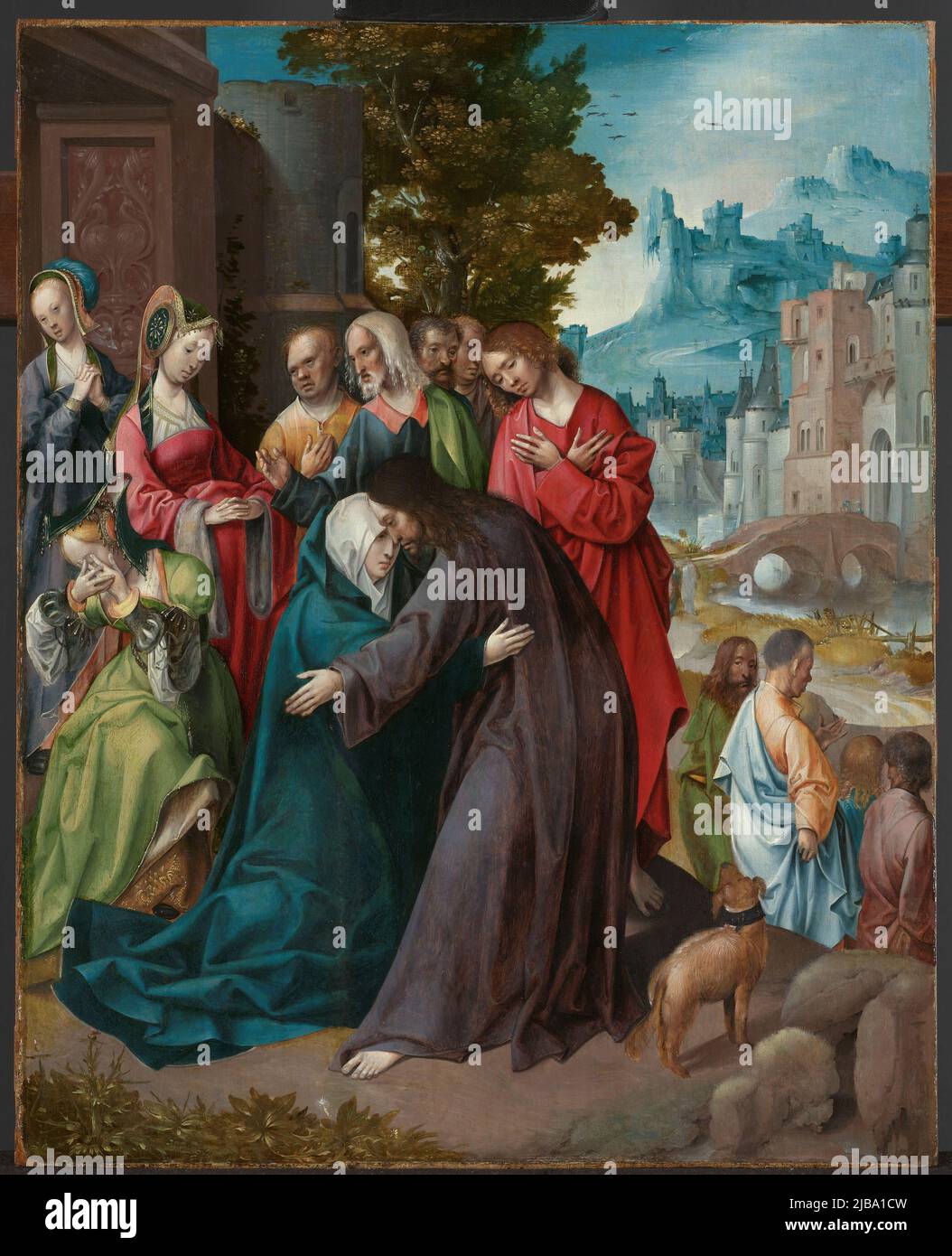 Christus nimmt Abschied von seiner Mutter, Maria. Nach links trauern Frauen. Im Hintergrund wartet eine Reihe von Jüngern Christi Stockfoto