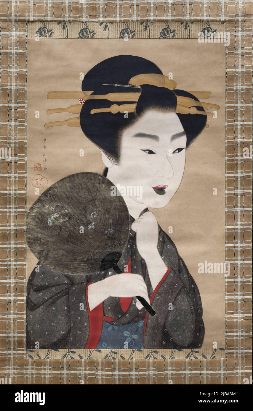 Belle femme de Kyoto en Toilette d’ete, peinture polychrome sur Papier de Gion Seitoku (1781-1829), realizee Anhänger la Periode Edo. , Musee National de Tokyo, Tokyo, Japon. Stockfoto