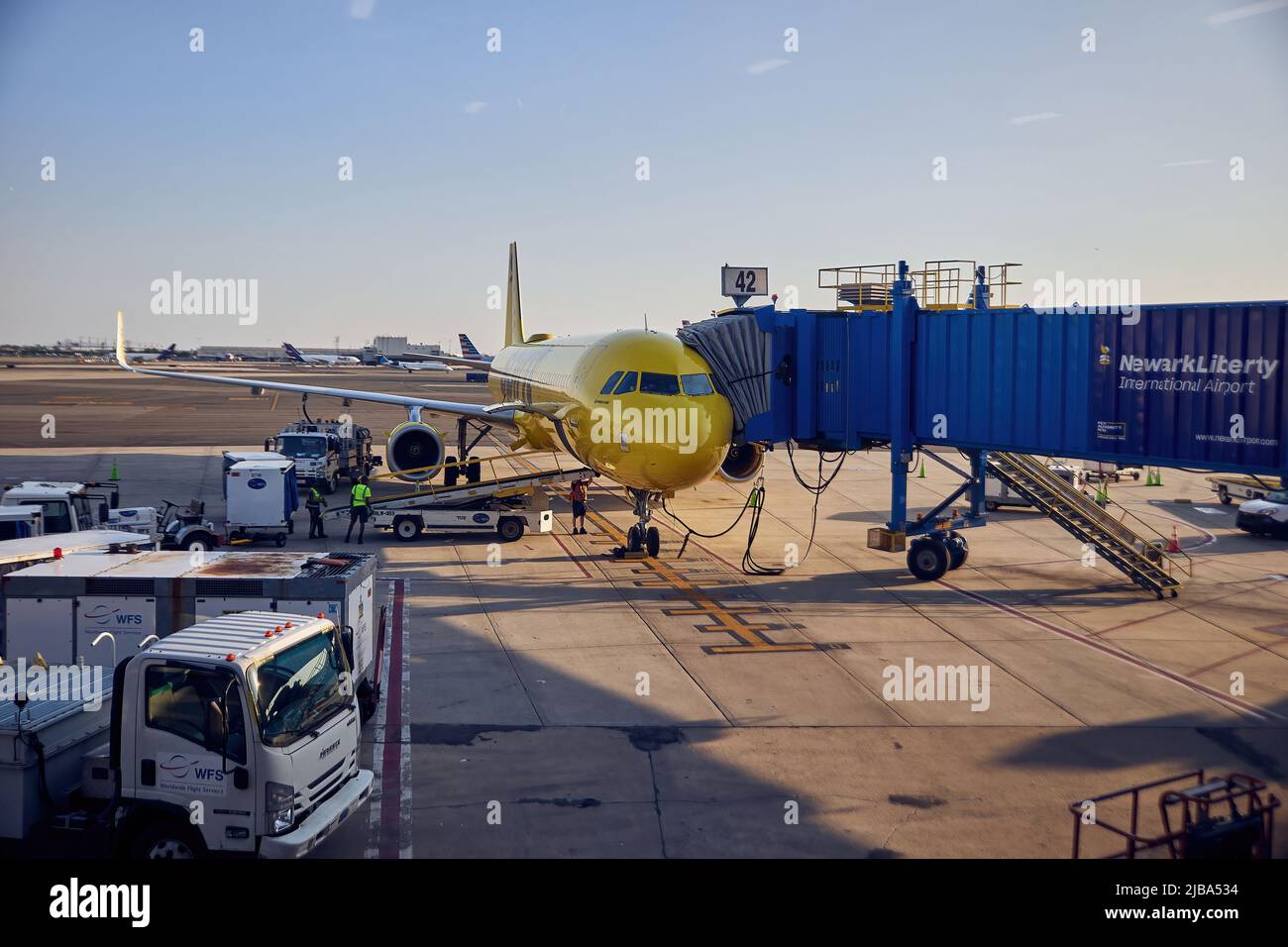 Newark Liberty International Airport, ursprünglich Newark Metropolitan Airport am Memorial Day. Manche Flüge werden verspätet durchgeführt. Spirit Airlines, Aras Stockfoto