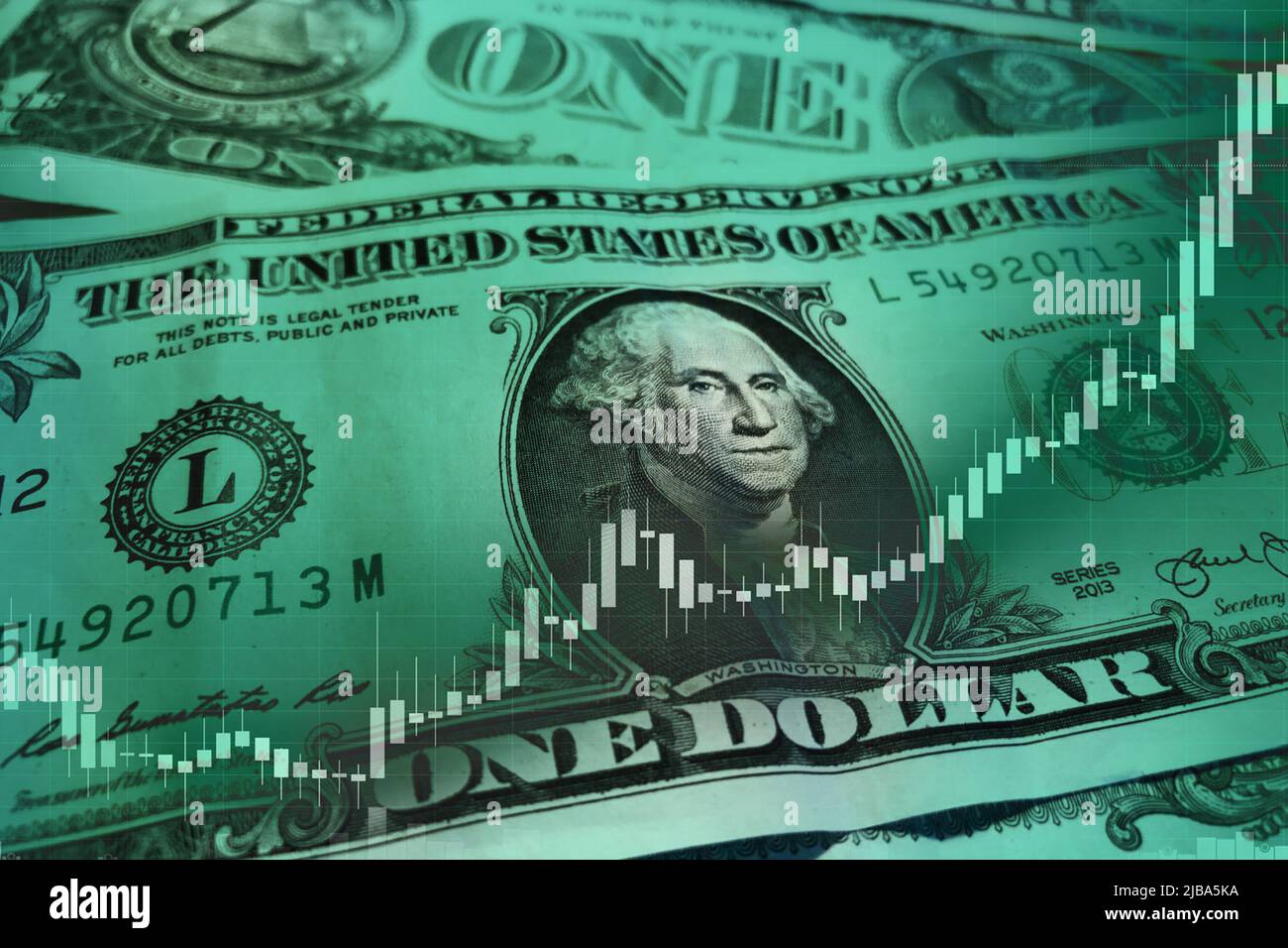 US-Dollar mit einem stark steigenden Aktienindex. Konzept über den steigenden Dollar. Starker US-Dollar. Wirtschaftliche Erholung der Vereinigten Staaten von A Stockfoto