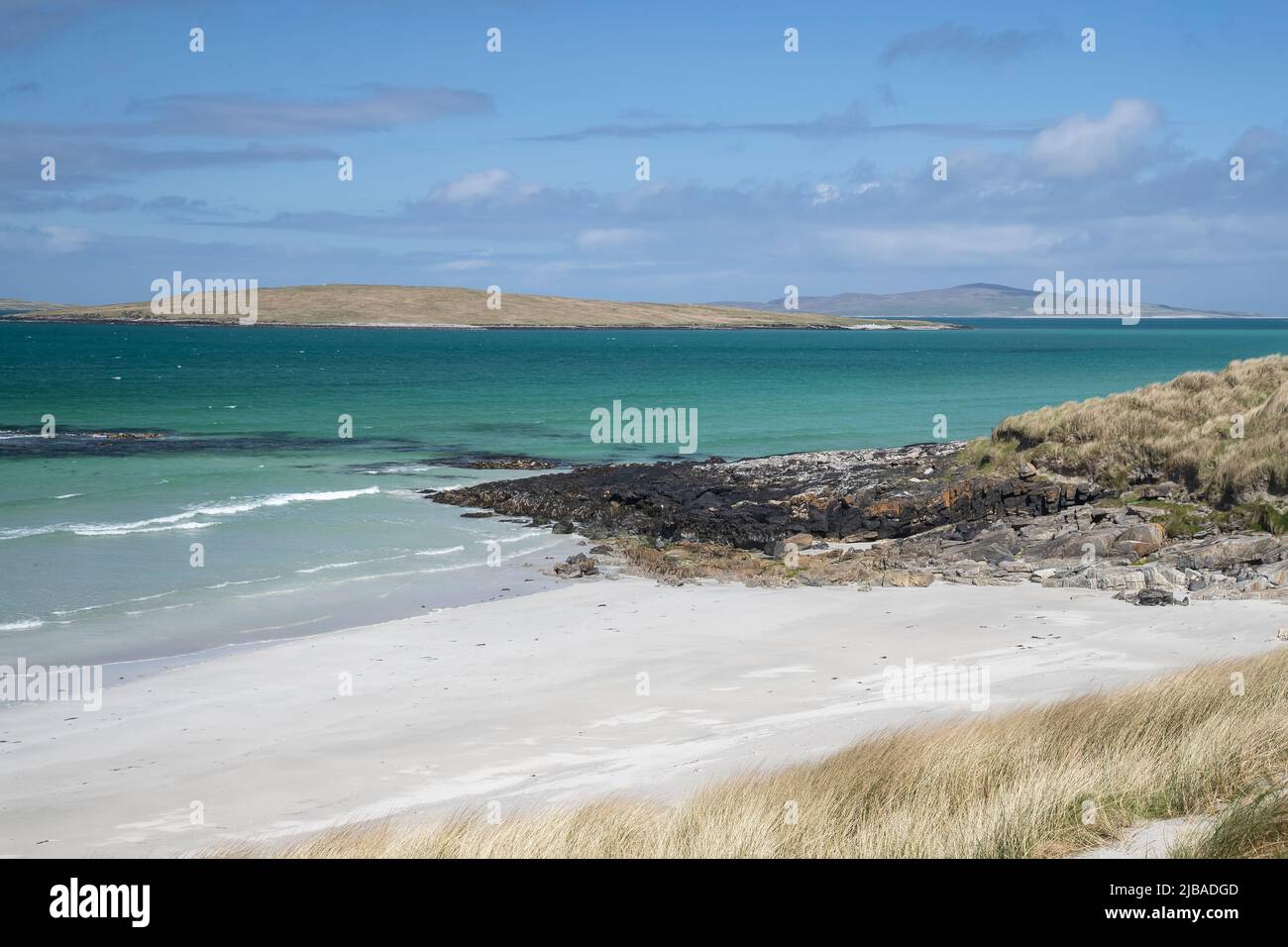 Die Sanddünen, weißen Sand und die Farben des aqua Sea at Clachan Sands on North Uist, Outer Hebrides, Schottland Stockfoto