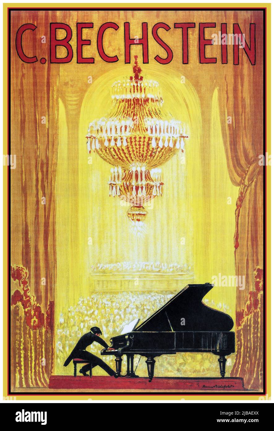 FLÜGEL BECHSTEIN 1900s Werbung Plakat für den deutschen Klavierhersteller C. Bechstein erschien um 1920. C. Bechstein Factory, Berlin, Deutschland 1920s Musikinstrument Werbelithographie Plakat Stockfoto