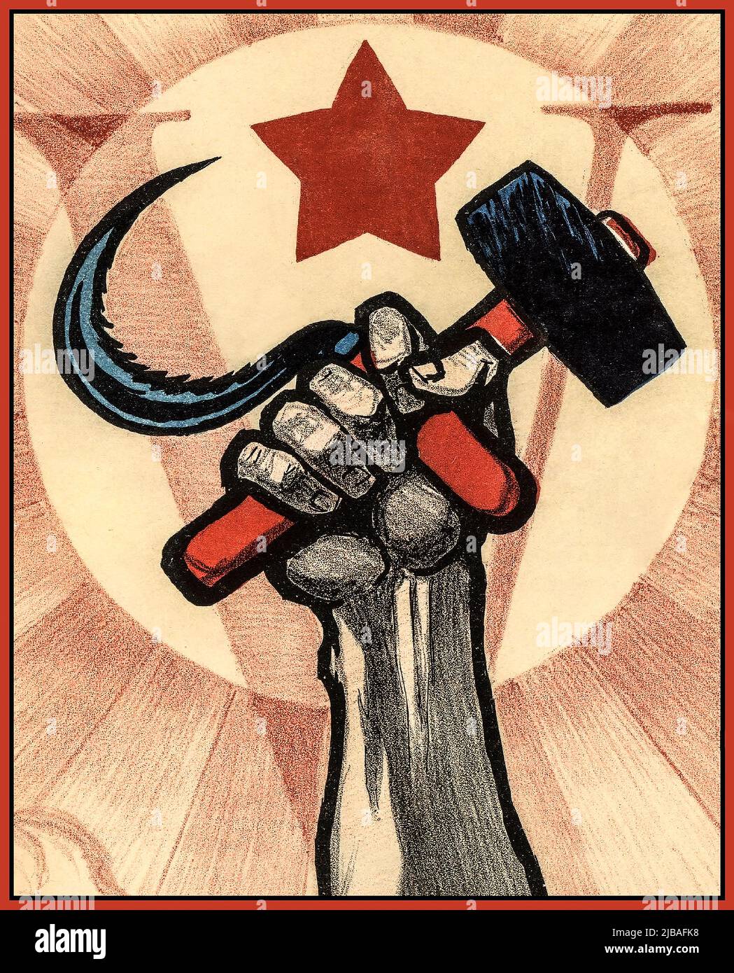 HAMMER & SICHEL Vintage 1920s Propaganda politisches sowjetisches Plakat zum 5.. Jahrestag der Oktoberrevolution und des IV. Kongresses der Kommunistischen Internationale. Sowjetunion UdSSR Russland Datum 1922 Stockfoto