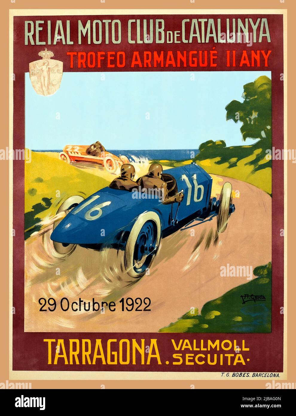 Spanisches Autorennen-Plakat des Jahrgangs 1920s, das die Armangué Trophy in Tarragona am 29. Oktober 1922 anwirbt, organisiert vom Reial Moto Club de Catalunya / Royal Moto Club of Catalonia. Illustration Poster Lithographie von zwei Männern in einem klassischen blauen Rennwagen mit der Nummer 16, die mit Geschwindigkeit in der spanischen Landschaft hinter einem orangefarbenen Auto mit der Markierung 22 mit dem Meer im Hintergrund sichtbar fahren.Tarragona Vallmoll Secuita. Der Royal Moto Club von Katalonien wurde 1916 gegründet und organisierte von 1921 bis 1923 die Armangué Trophy. Gedruckt von T.G Bobes. Barcelona Spanien Stockfoto