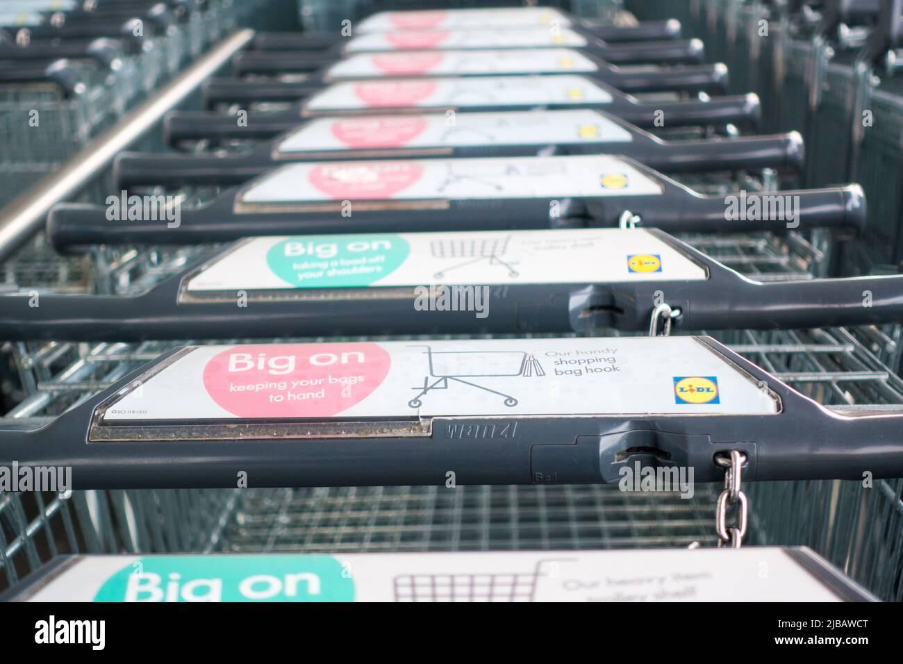 Shopping Trolleys vor einem LIDL-Laden in der walisischen Stadt Carmarthen Stockfoto