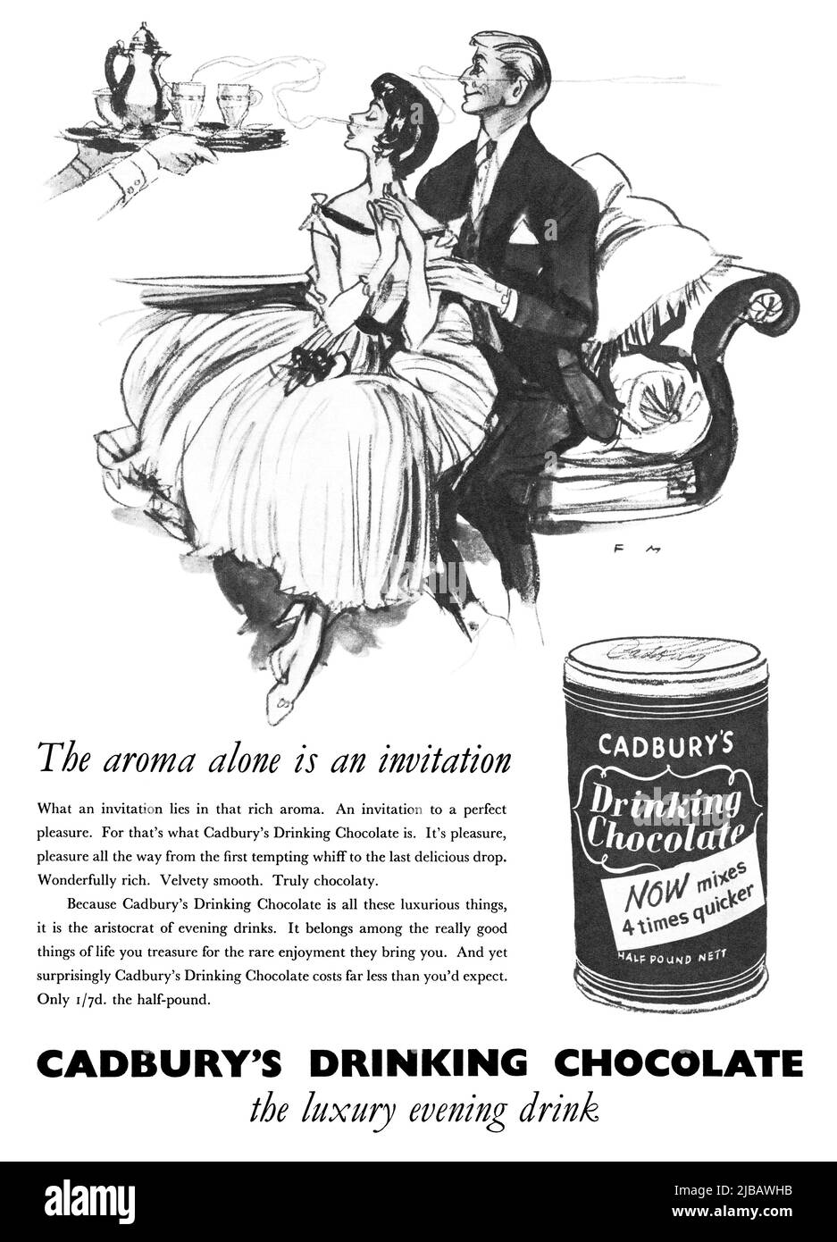 1955 britische Werbung für Cadburys Trinkschokolade, illustriert von Francis Marshall. Stockfoto