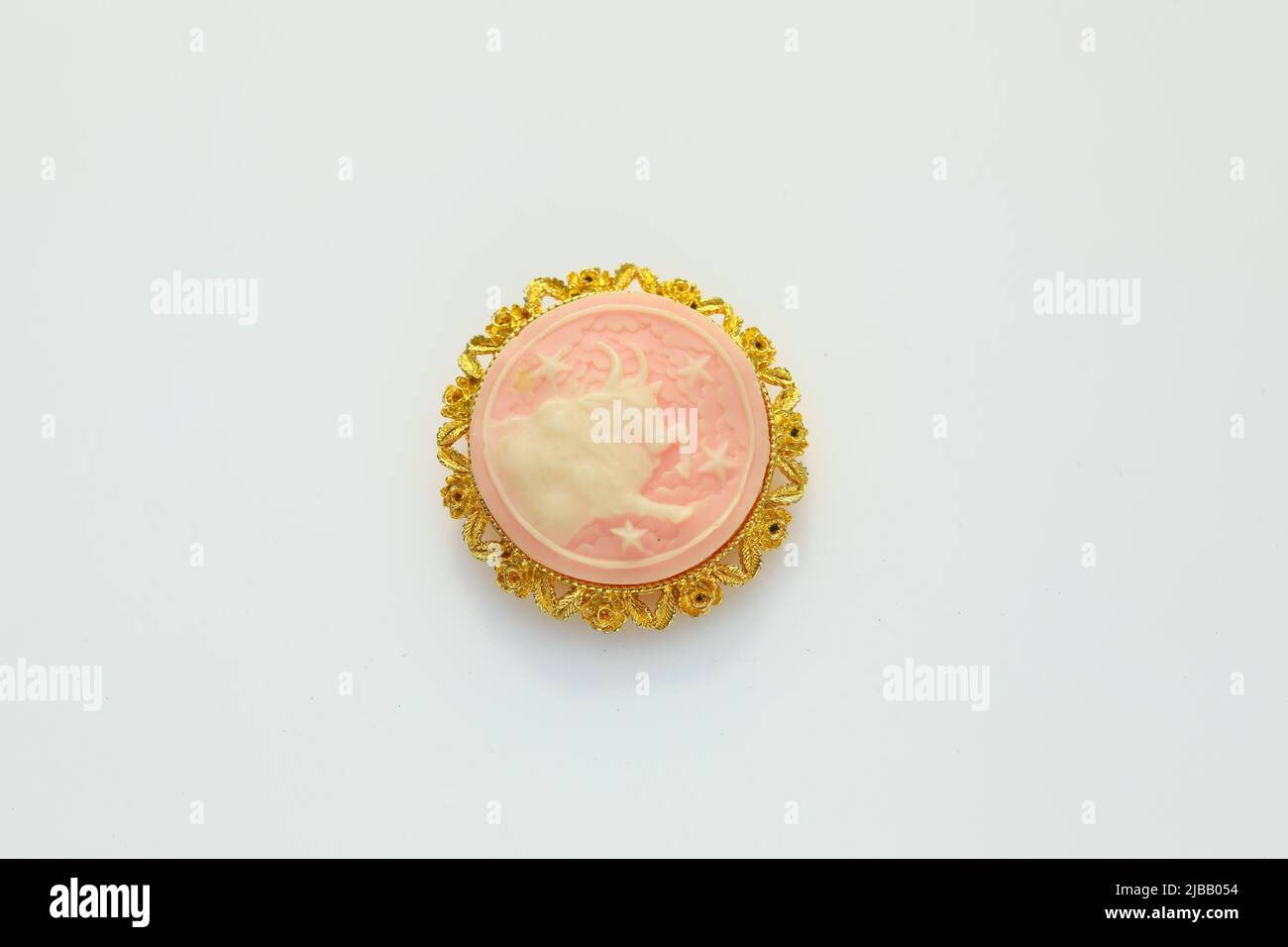 Steinbock Sternzeichen Kamee Gold Ton Brosche Pin Kostüm Vintage Schmuck Mode Accessoire Stockfoto