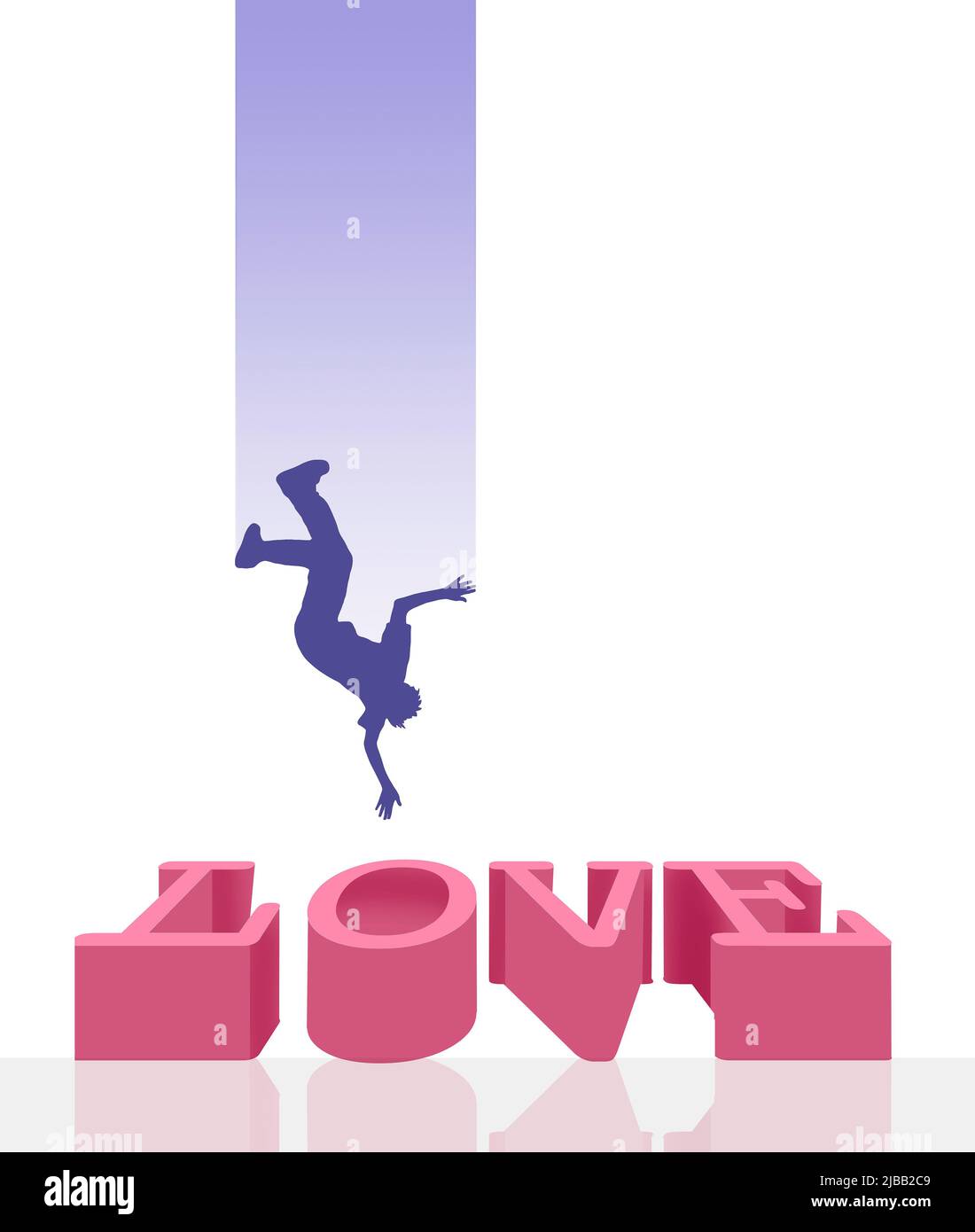 In dieser 3-d-Illustration wird ein Mann oder ein Junge auf das Wort Liebe herabfallen sehen. Stockfoto