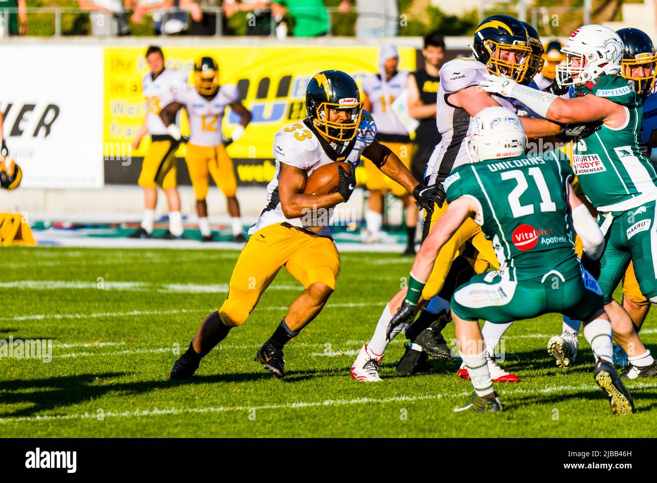 Central European Football League, CEFL-Halbfinale. 04.Juni 2022 ,Shwaebish HallRB # 33 Jason Bofunda / Flash de La Courneuve Stockfoto