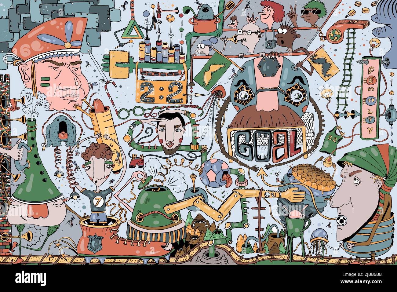Comic-Illustration in Tinte und Stift zum Thema eines Fußballspiels mit Fans gezeichnet, Ball und Tor, Konzept zum Thema Sport, Malbuch Stockfoto