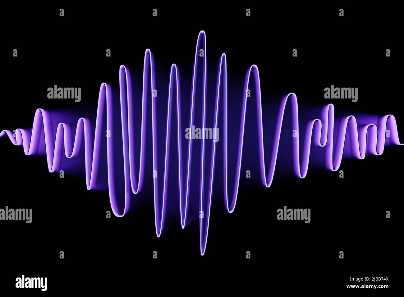 3D Illustration von violett leuchtenden Farblinien. Equalizer für musikalische Linien auf schwarzem, isoliertem Hintergrund Stockfoto