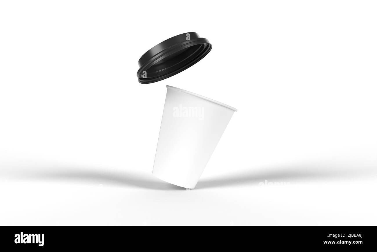 Gekippt über recycelbaren weißen Papierbecher mit schwarzem Kunststoffdeckel, der in der Luft schwebt, Vorderansicht. 3D Darstellung für Mockup rendern Stockfoto