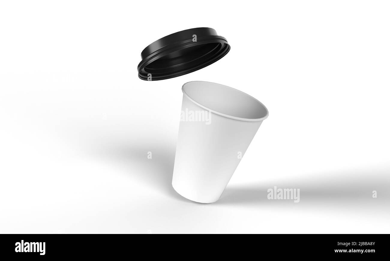 Geneigt über recycelbaren weißen Papierbecher mit schwarzem Kunststoffdeckel, der in der Luft schwebt, perspektivische Ansicht. 3D Darstellung für Mockup rendern Stockfoto