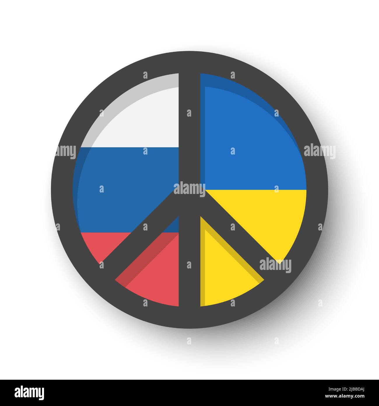 Friedenssymbol mit der flagge russlands und der ukraine. Die Kampagne für nukleare Abrüstung (CND) unterzeichnen . Flaches Design. Pazifist und kein Kriegskonzept . Vektor-Abb. Stock Vektor