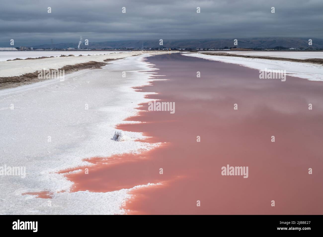 Die wunderschöne Landschaft mit Wasser in Salzteichen, die aufgrund von Dunaliella salina einen rosa Farbton annehmen. Stockfoto