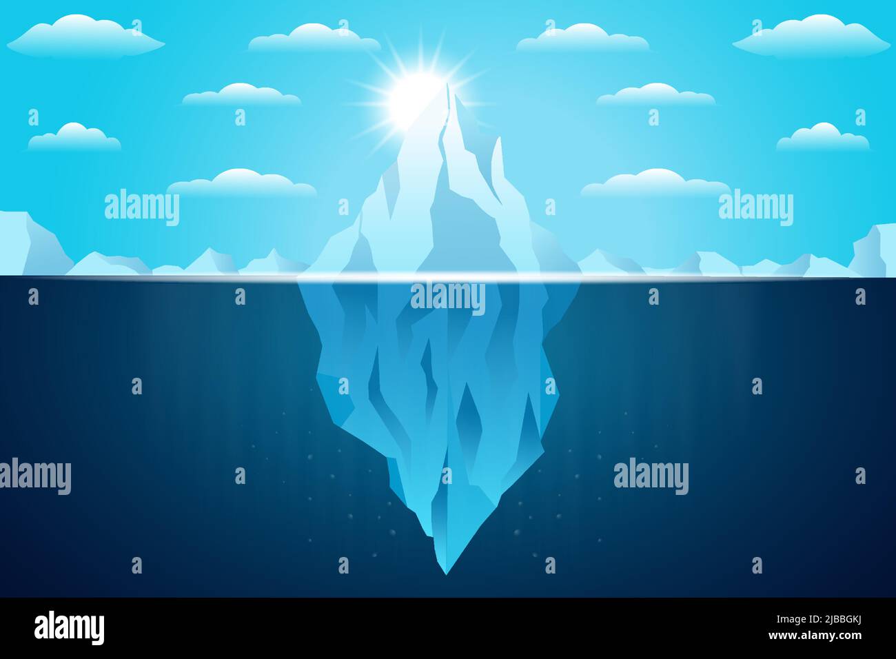 Eisberg schwimmend im Ozean Illustration mit heller Sonne Stock Vektor
