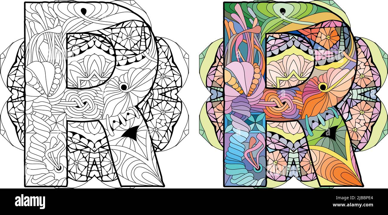 Buchstabe R Monogramm, Gravur Design auf Mandala zum Färben. Vektorgrafik. Farb- und Umrissset Stock Vektor