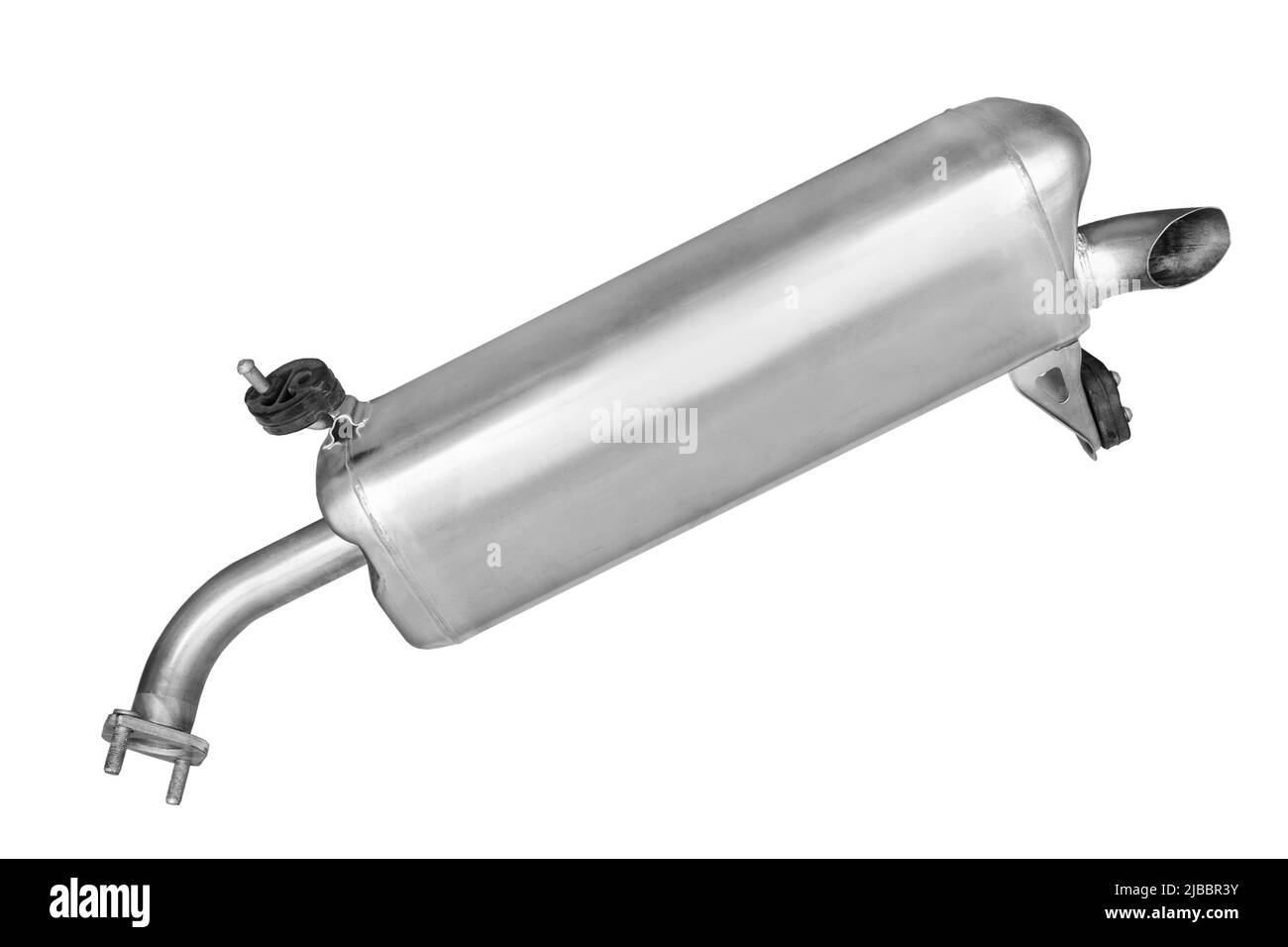 Der neue Schalldämpfer (Heckteil der Auspuffanlage) des Fahrzeugs auf weißem Hintergrund Stockfoto