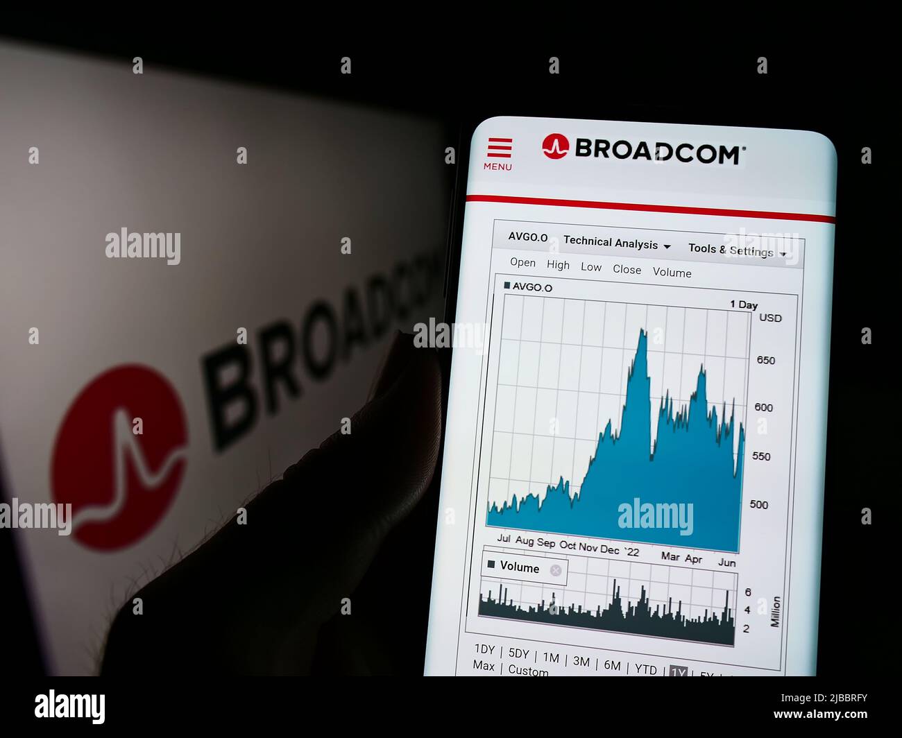 Person, die Mobiltelefon mit der Webseite des US-Halbleiterunternehmens Broadcom Inc. Auf dem Bildschirm vor dem Logo hält. Konzentrieren Sie sich auf die Mitte des Telefondisplays. Stockfoto